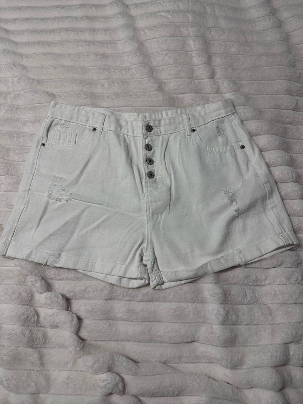 White Distressed Button-Front Denim Shorts - Runs Small